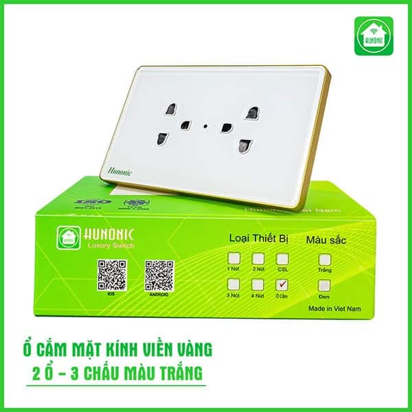 Ổ Cắm Hunonic Có Tiếp Địa Viền Vàng 1 o cam vien vang 2 o 3 chau luxury hunonic 4